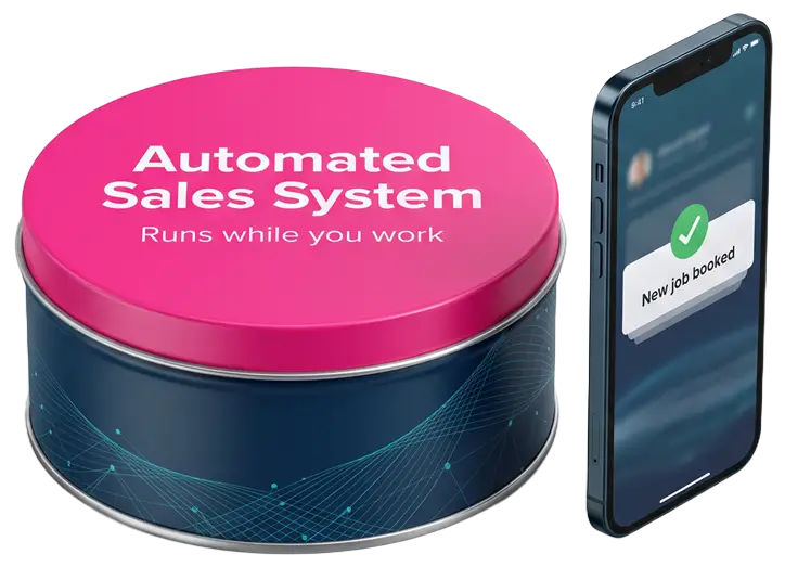 Automated Sales System tin with a phone showing a job booked