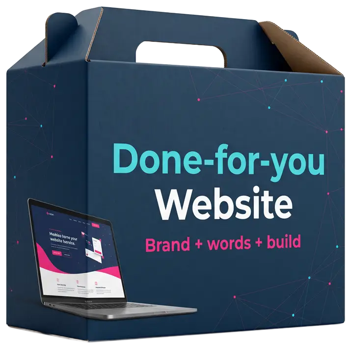 Done-for-you website box with a laptop