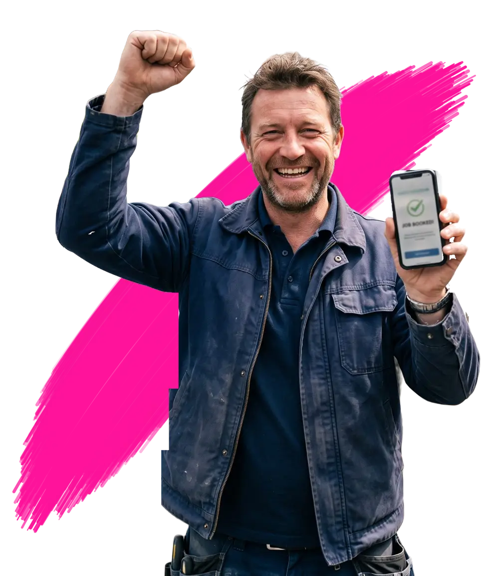 Happy tradesman celebrating with a job booked on his phone