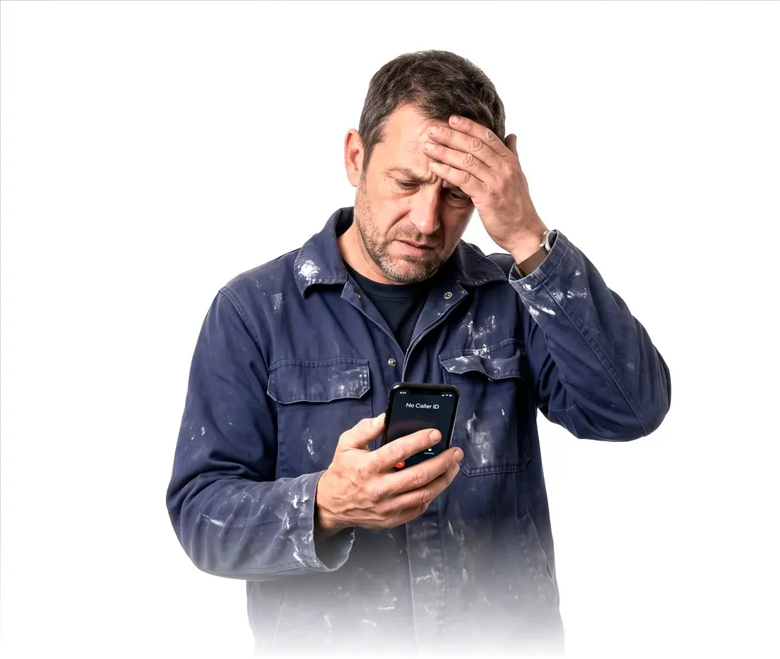 A tradesman frustrated, staring at a phone that is not bringing in work