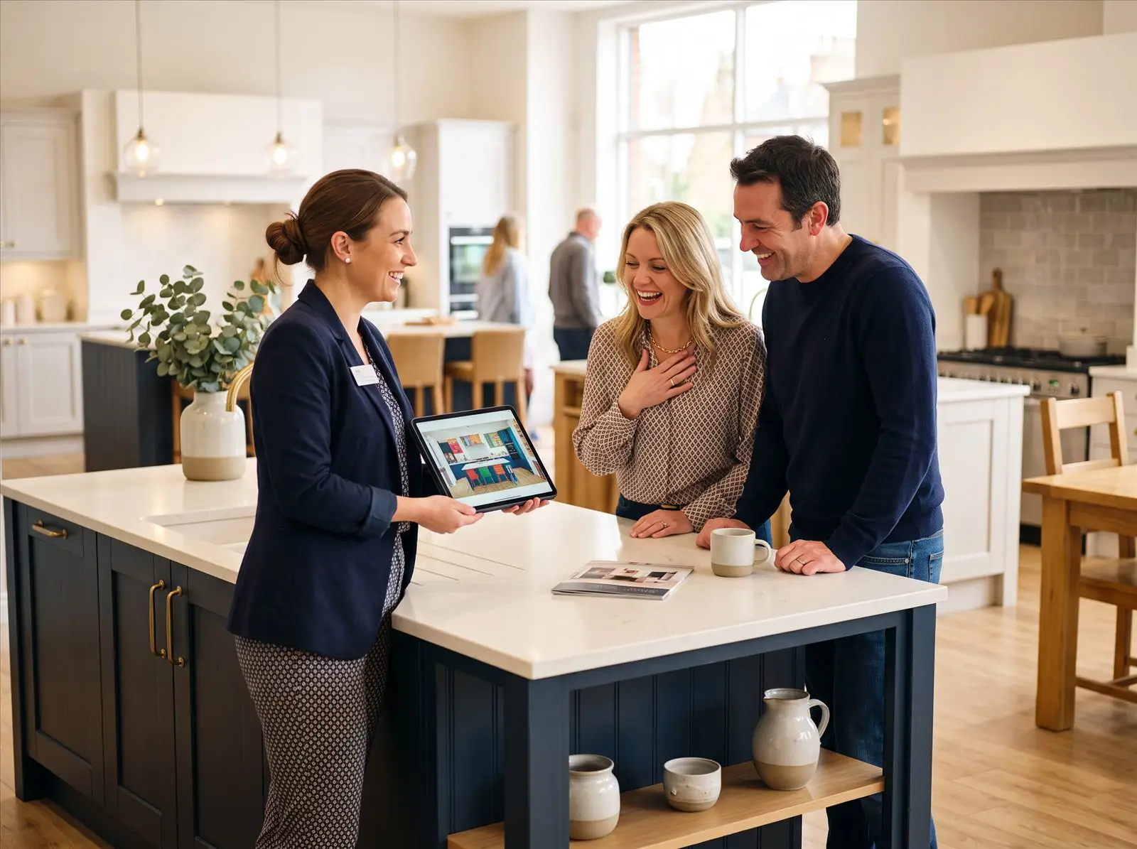 A kitchen designer showing a delighted couple their new kitchen design